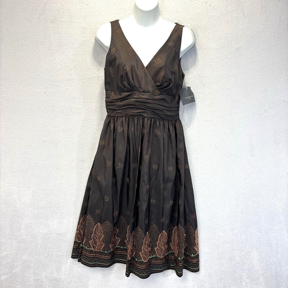 NWT Liz Claiborne Embroidered Fit Flare Dress Womens 4 Brown V-Neck Cocktail